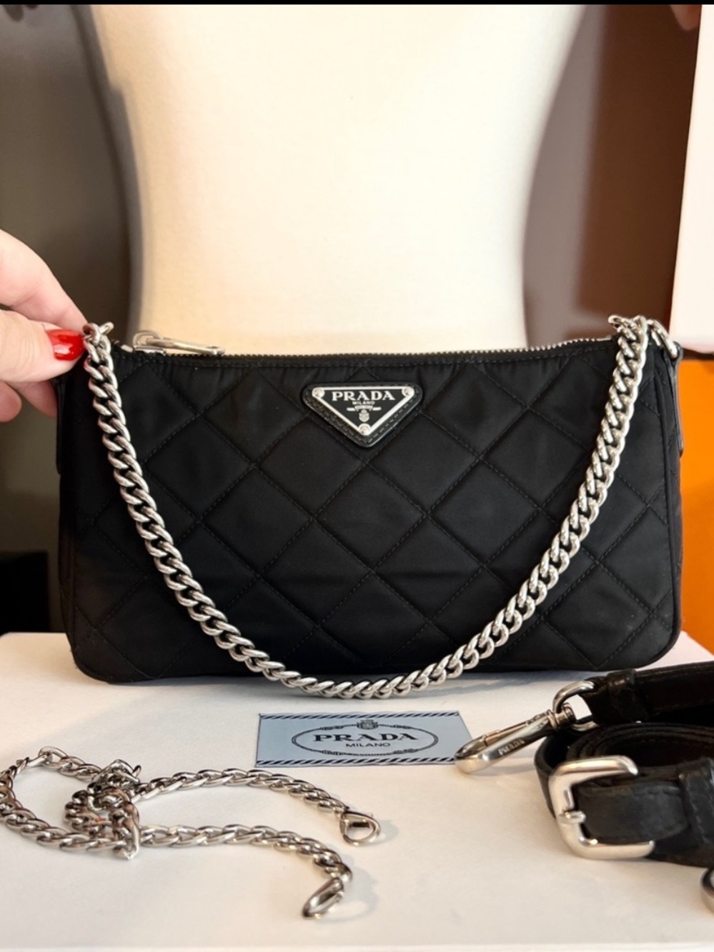PRADA!! Authentic Prada bag! Black Quilted Nylon Bag with Silver Chain! Offers!